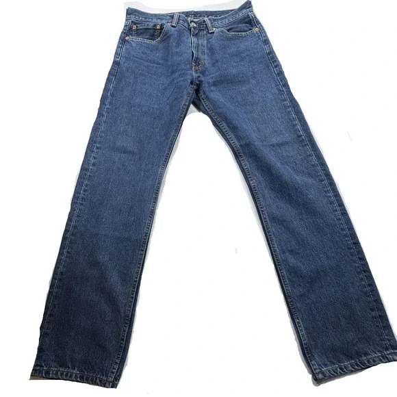 Levis 505 Regular Fit Straight Leg Jeans Mens 32x32 Dark Wash Blue Denim Grunge - Picture 11 of 12